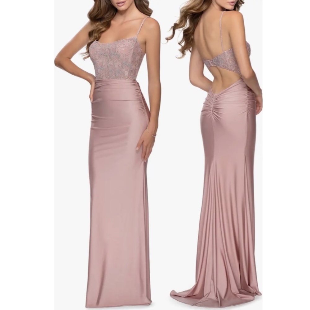 LA FEMME Lace & Jersey Trumpet Gown